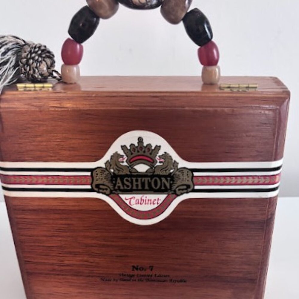 ASHTON CABINET No. 7 Wooden Cigar Box Handbag With Beaded Handle